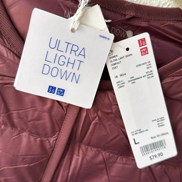 Uniqlo Women Ultra light Down Compact Coat Jacket Color Wine Size L - Picture 5 of 11